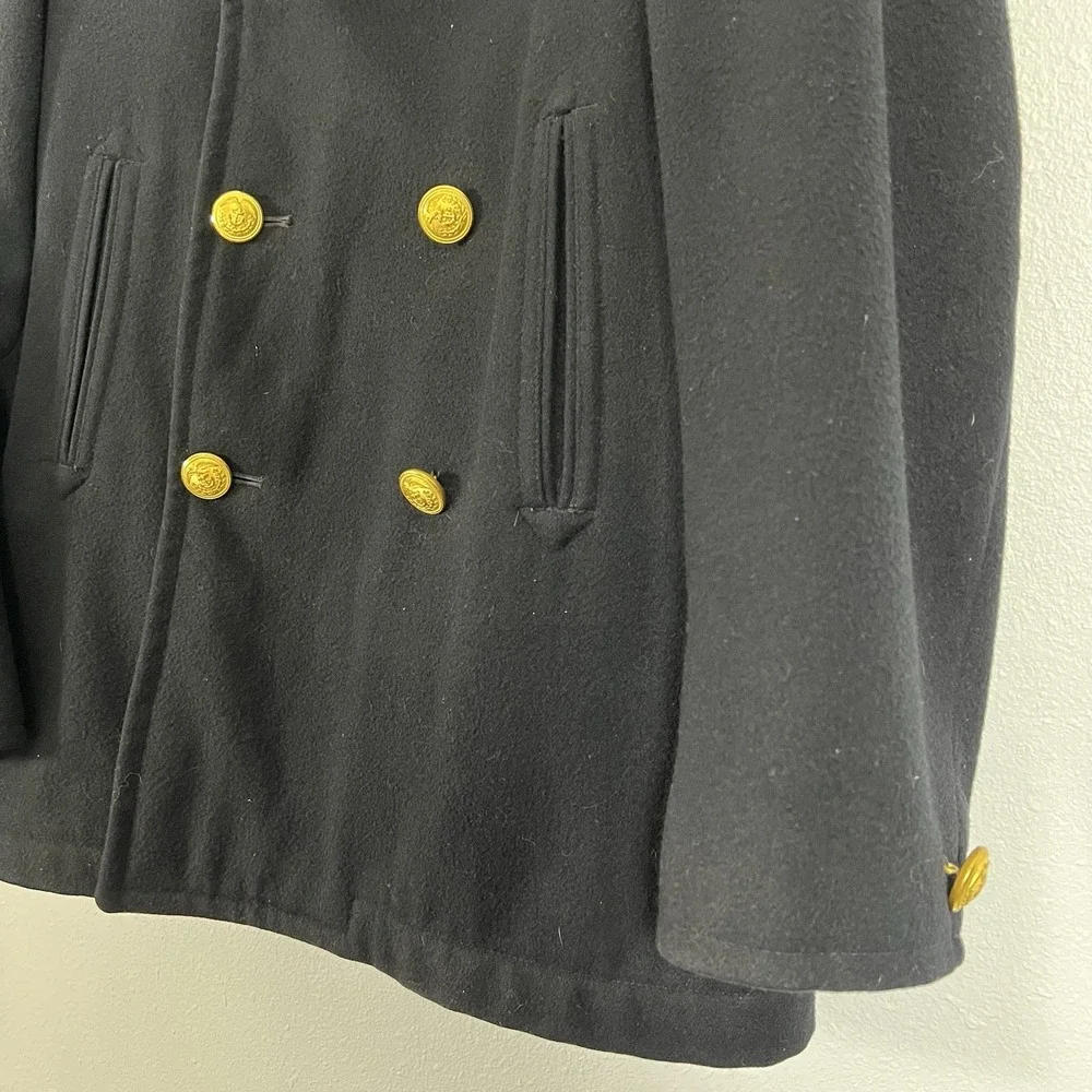 Mens Black Double Breasted Wool‎ Peacoat Military Style Gold Buttons 34S